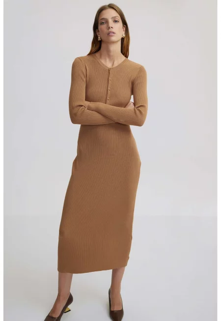 Плетена рокля с отвори - Кафяв/Карамел
