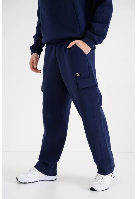 Прав спортен панталон тип карго с връзка - Индигово синьо