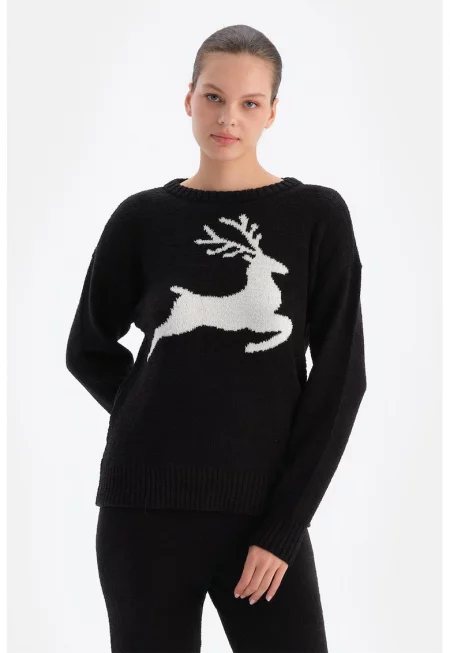 Пуловер с принт на еленче - Бял - Черен -
