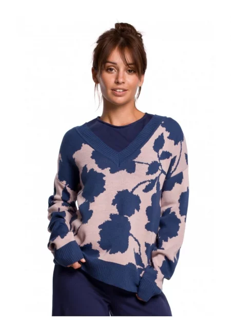 Пуловер с V-образно деколте и флорален принт - акрил - тъмносиньо/розово