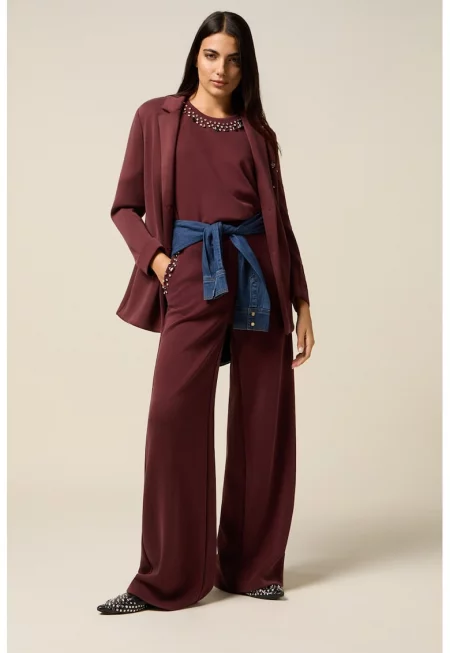 Разкроен панталон с еластична талия - Бордо