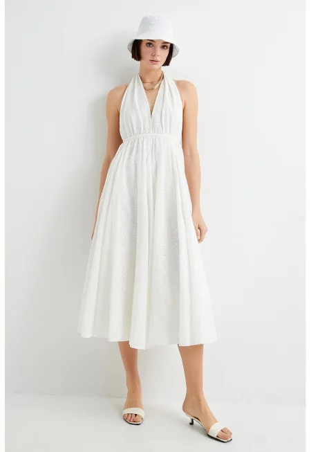 Разкроена рокля с памук и шпиц - Жълт