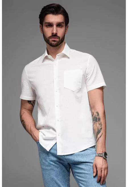 Риза от памук и лен с къси ръкави - Бял
