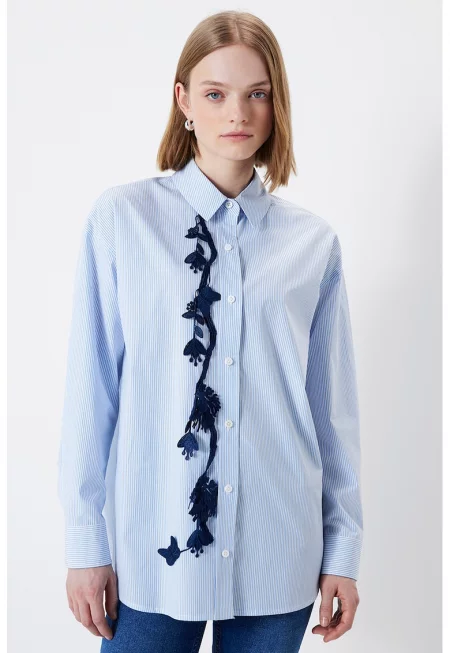 Риза с бродерии - Бял/Пастелносин/Тъмносин