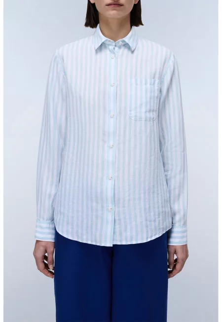 Риза с лен на райе - Бял/Аквамарин синьо