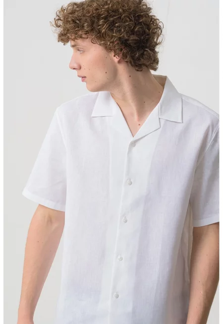 Риза с лен с къси ръкави - Бял