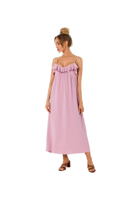 Rochie midi evazata cu bretele subtiri si volane -  Розово