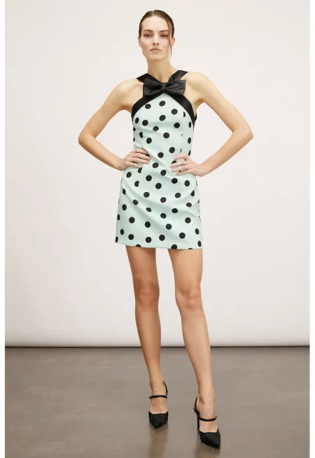 Рокля на точки с панделка - Черен/Светлосин