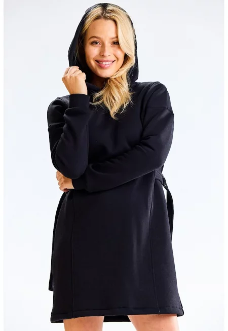 Рокля от суитшърт от памучна смес с качулка и връзки