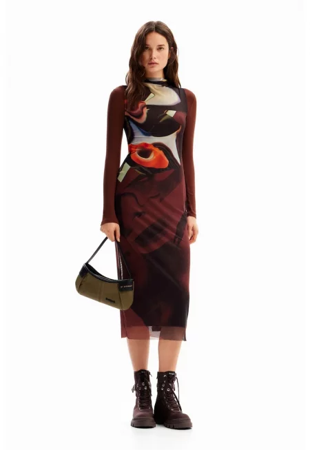 Рокля с дизайн 2 в 1 - Черен/Канелено кафяво/Мандарина