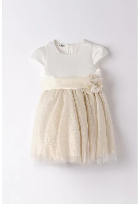 Рокля с тюл и панделка - Бледожълт/Мръснобял