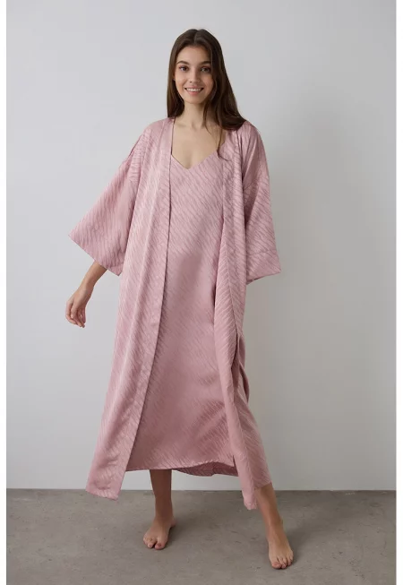 Сатиниран халат с десен - Розова сьомга