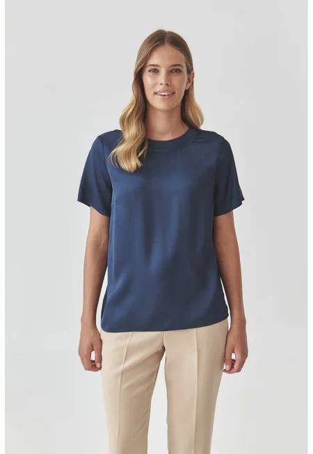 Сатинирана блуза с къси ръкави - Тъмносин