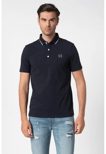 Слим тениска с яка и лого - Тъмносин