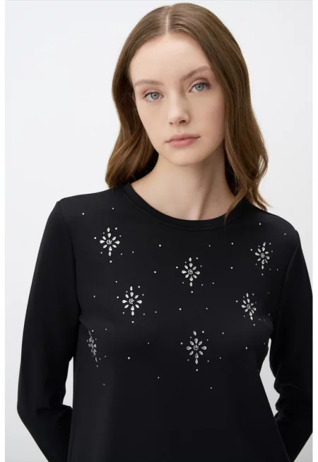 Суитшърт с модал и декоративни камъни - Черен