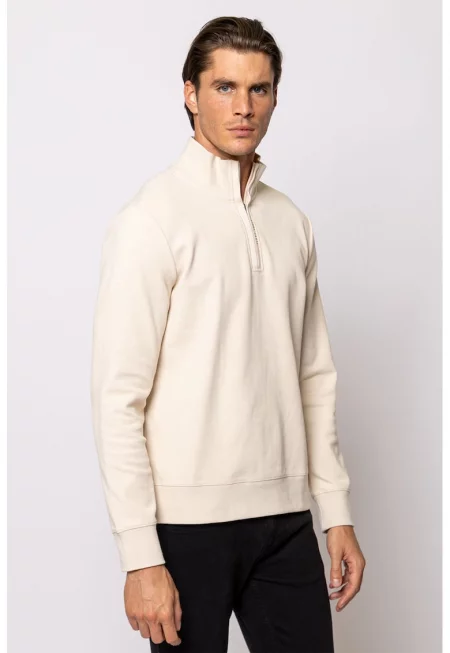 Суитшърт Tyrel с памук с къс цип - Слонова кост