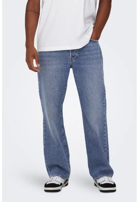 Свободни памучни дънки със средна талия - Светлосин