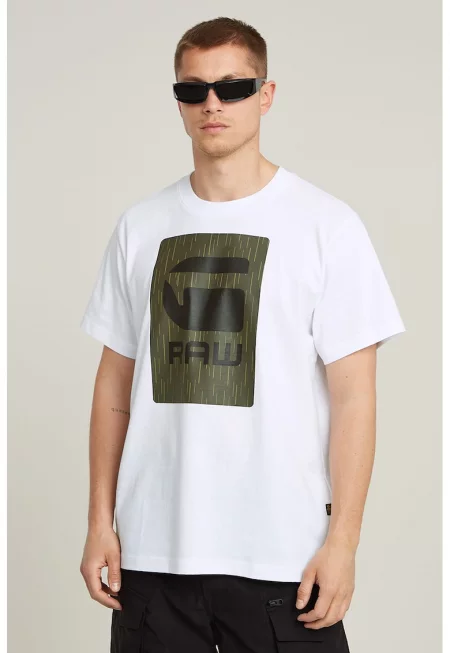 Тениска от органичен памук с овално деколте и лого - Бял/Тъмно каки