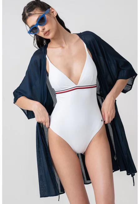 Цял бански с шпиц - Червен/Избеляло черно/Мръснобял