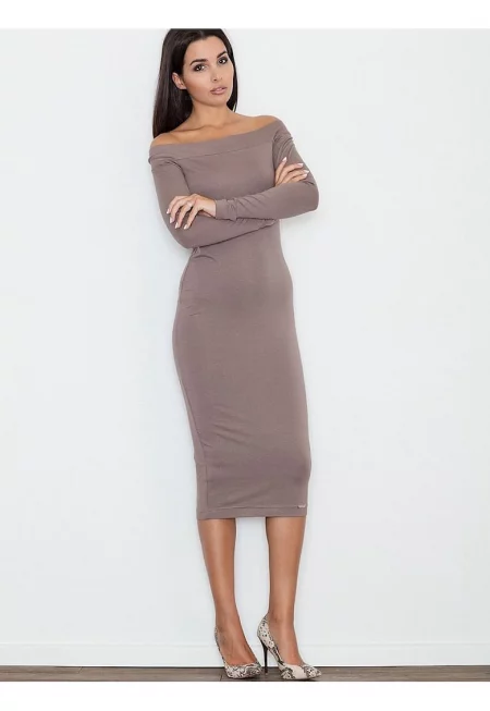 Вталена рокля  до коляното - без джобове - кафяв цвят - вискоза