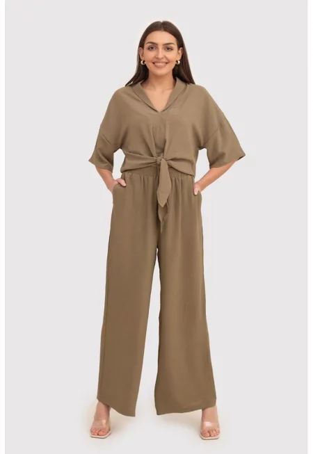 Бежови панталони с широка кройка и еластична талия TRA038 KHAKI - Каки