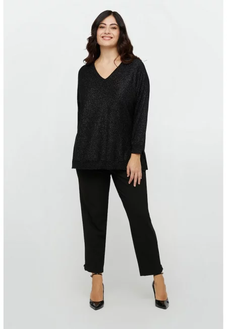 Бляскав шпиц пуловер - Черен