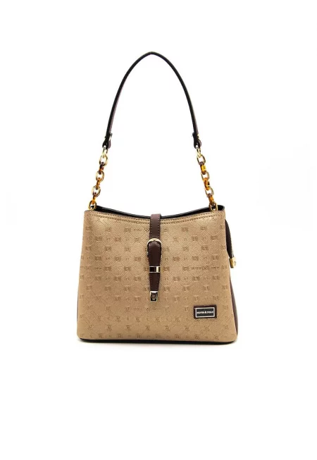 Чанта crossbody с шарка - Бежов - Златист/Тъмнокафяв