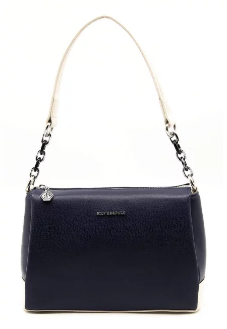 Чанта от еко кожа с метално лого - Бял/Тъмносин