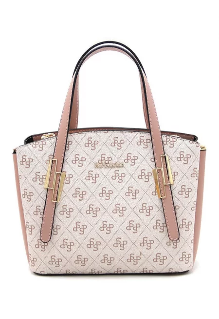 Чанта от еко кожа с монограм - Мръснобял/Прашно розово