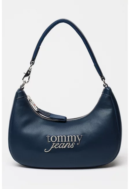 Чанта през рамо от еко кожа с метално лого - Тъмносин