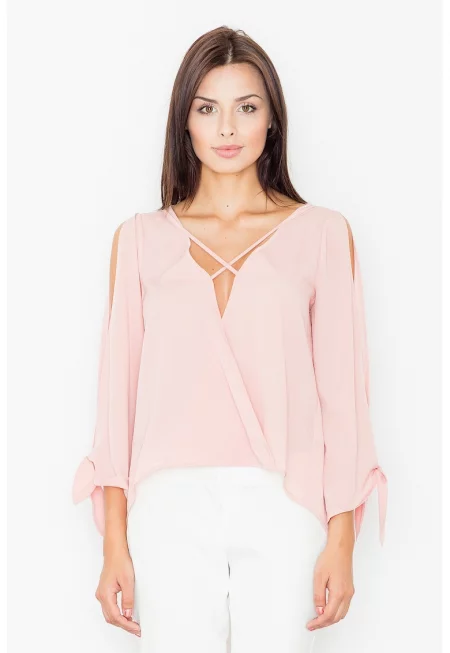 Дамска блуза -  Полиестер/Еластан/Вискоза - С открити рамене - Розова