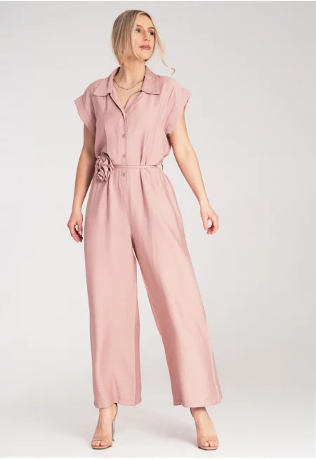 Дамски гащеризон -  широк крачол - къс ръкав - розов - Един размер