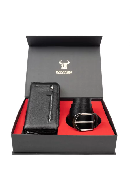 Дамски комплект портфейл и колан - естествена кожа - черен - Arya-Thick