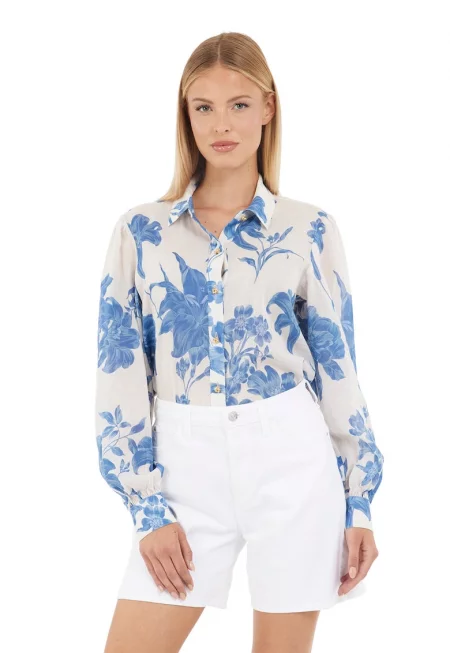 Флорална риза с лен - Прашно синьо/Мръснобял