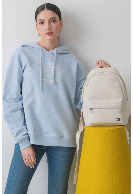 Худи с паднали ръкави и лого - Слонова кост/Син меланж