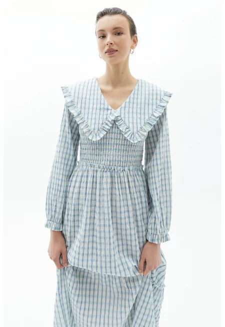 Карирана дълга рокля Papyakpoti - Бял/Светлосин