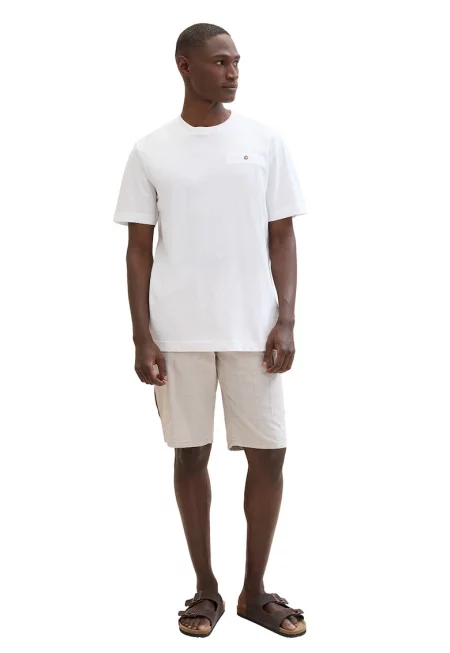 Къс карго панталон с лен - Бял/Светло бежово