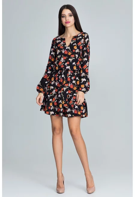 Къса рокля с флорален принт  M597 - дълъг ръкав - полиестер - многоцветна -