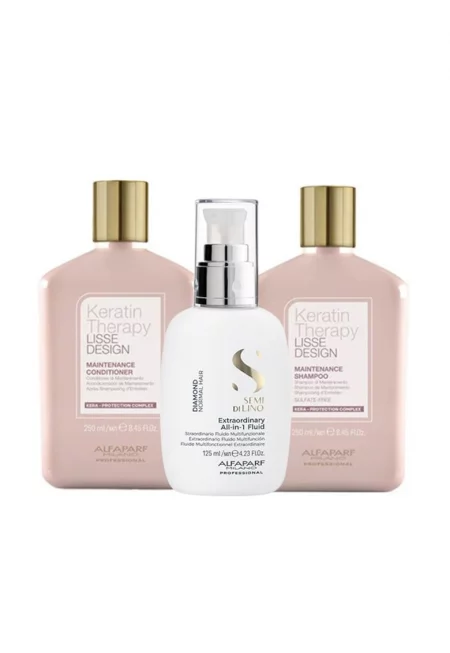 Комплект с  Lisse Design Keratin Therapy Maintenance Shampoo 250 ml и балсам 200 ml и All-in-1 Diamond Illuminating Shine Fluid - 125 ml