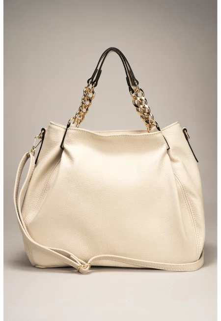 Кожена чанта за рамо - Крем