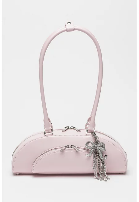 Кожена чанта за рамо с метални висулки - Пастелнорозов