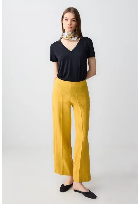 Ленен панталон с широк крачол - Шафраново жълто