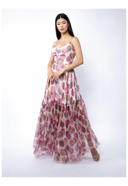 Long Silk Dress With Straps And Dotted Print