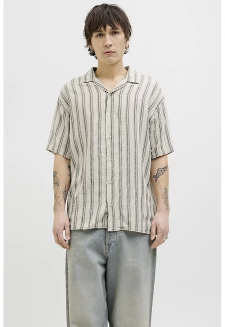 Памучна риза на райе - Слонова кост/Tъмносив