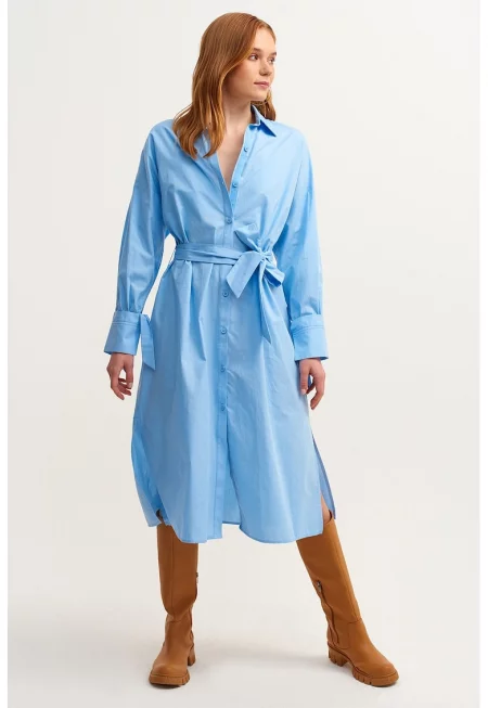 Памучна рокля-риза - Пастелносин