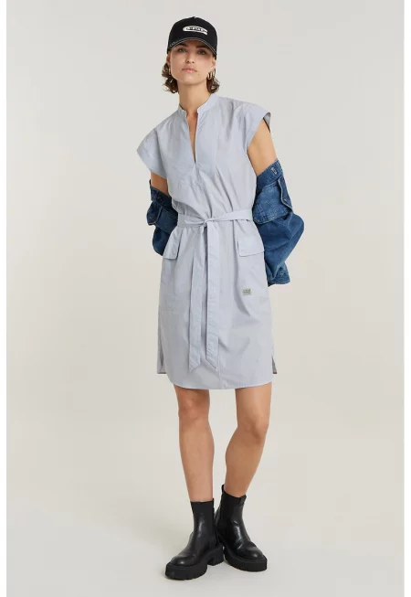 Памучна рокля с колан - Пастелносин