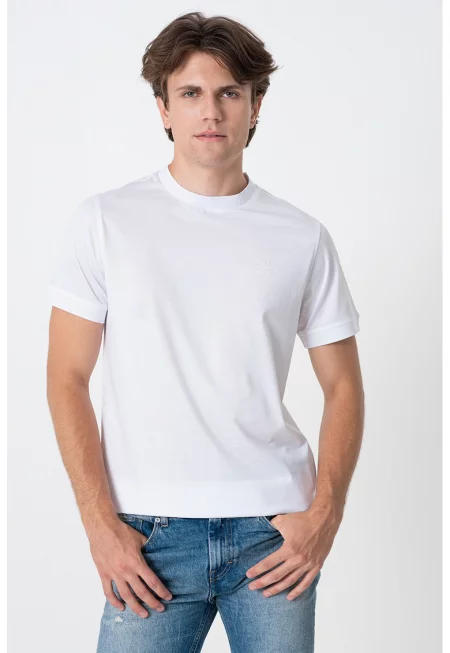 Памучна тениска с овално деколте - Бял