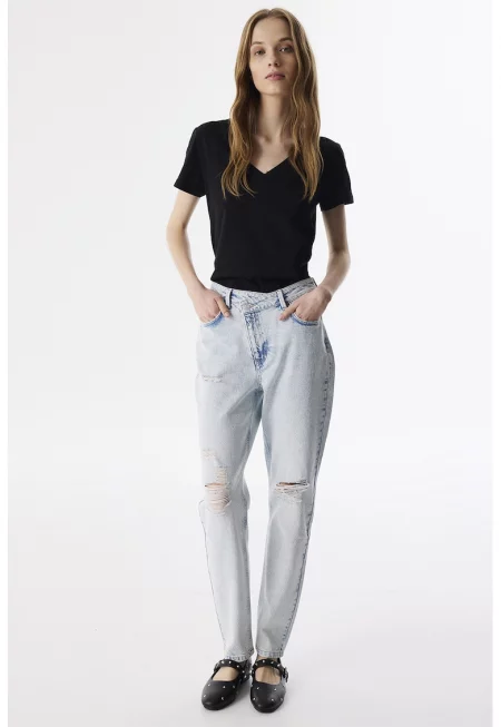 Памучни дънки със средна талия - Светлосин