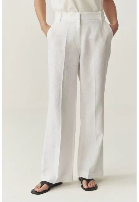 Панталон с лен и висока талия - Мръснобял