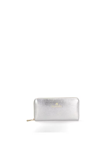 Правоъгълен кожен портфейл с цип - Сребрист